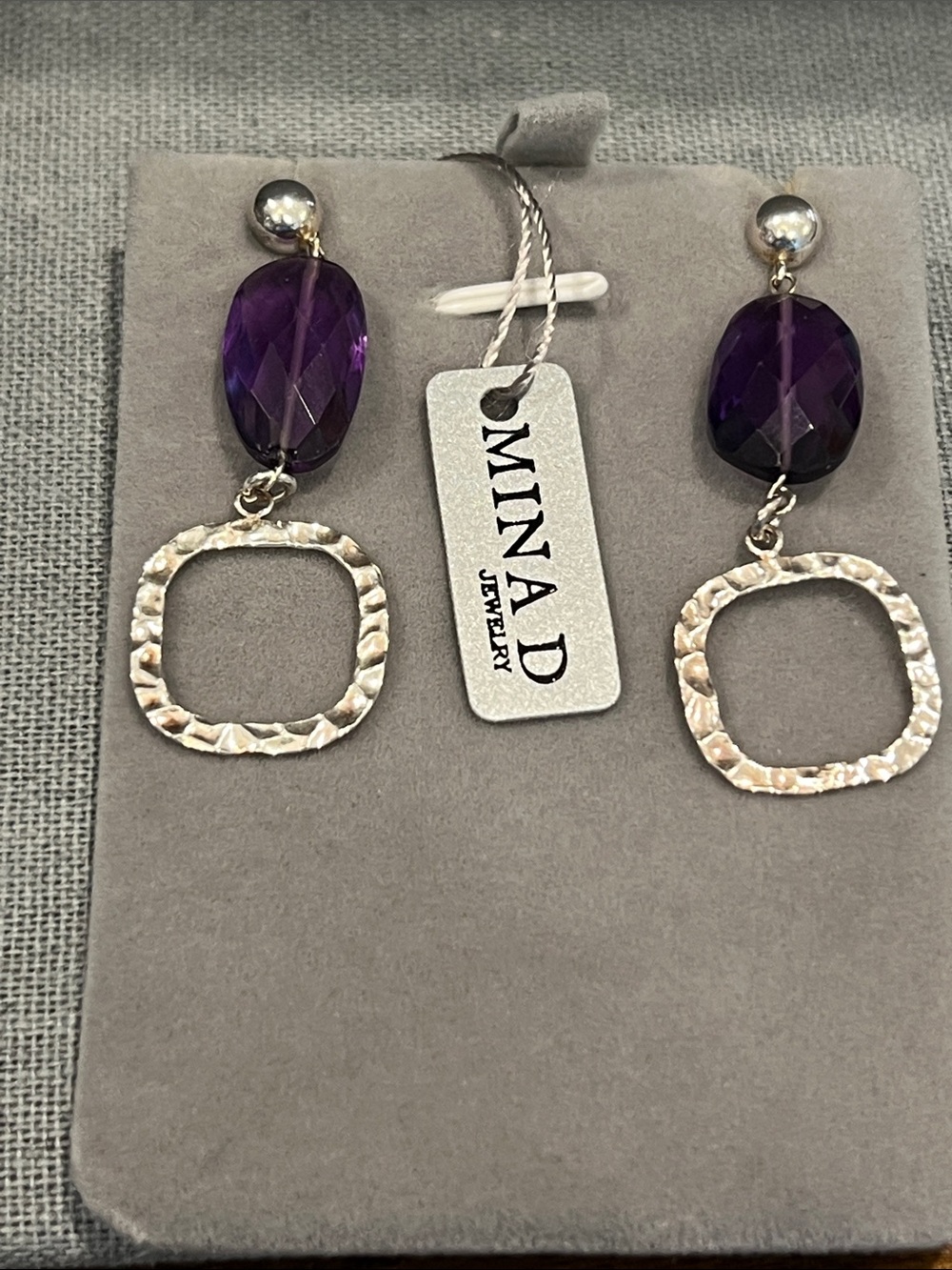 Amethyst  Faceted Stone Drop Earrings with Hammered Sterling Silver Squares